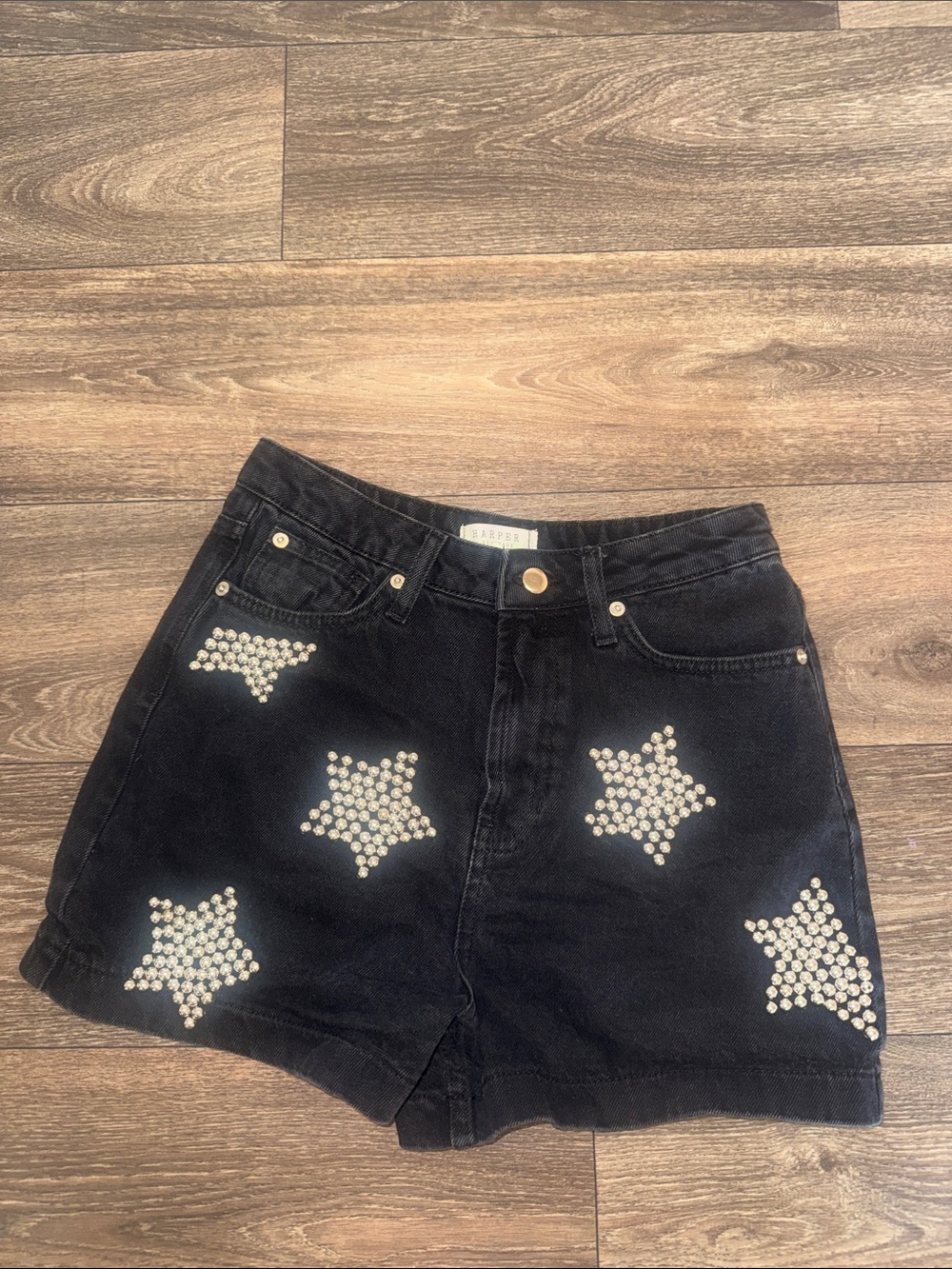 Harper Black High-Waist Denim Shorts with Star Studs